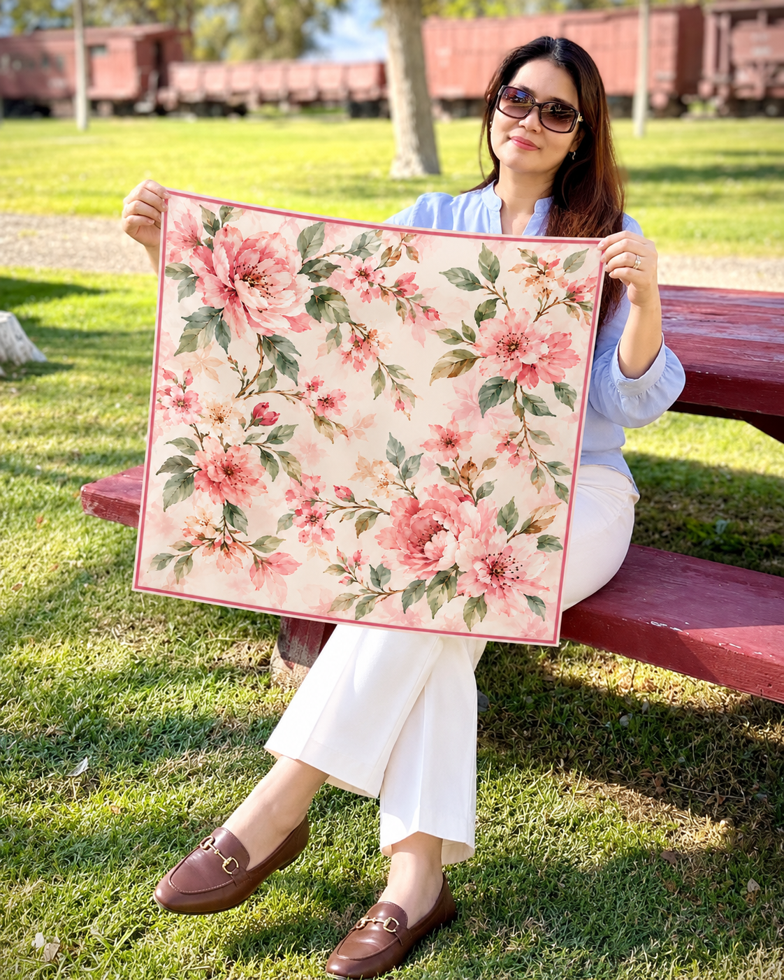 A woman sitting on a red wooden park bench holds up a square scarf with a pink and green floral print on a cream background. The setting is outdoors on a grassy lawn with trees and train cars in the background.