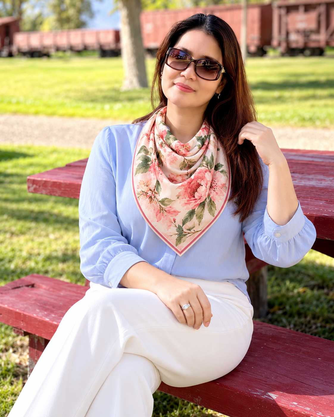 A woman wearing a light blue long-sleeve shirt, white pants, and a pink floral neck scarf sits on a red wooden bench in an outdoor park setting.