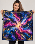 A woman holds up a square scarf featuring a vibrant cosmic galaxy print with swirling nebulae of pink, purple, blue, and gold, set against a plain light gray background.