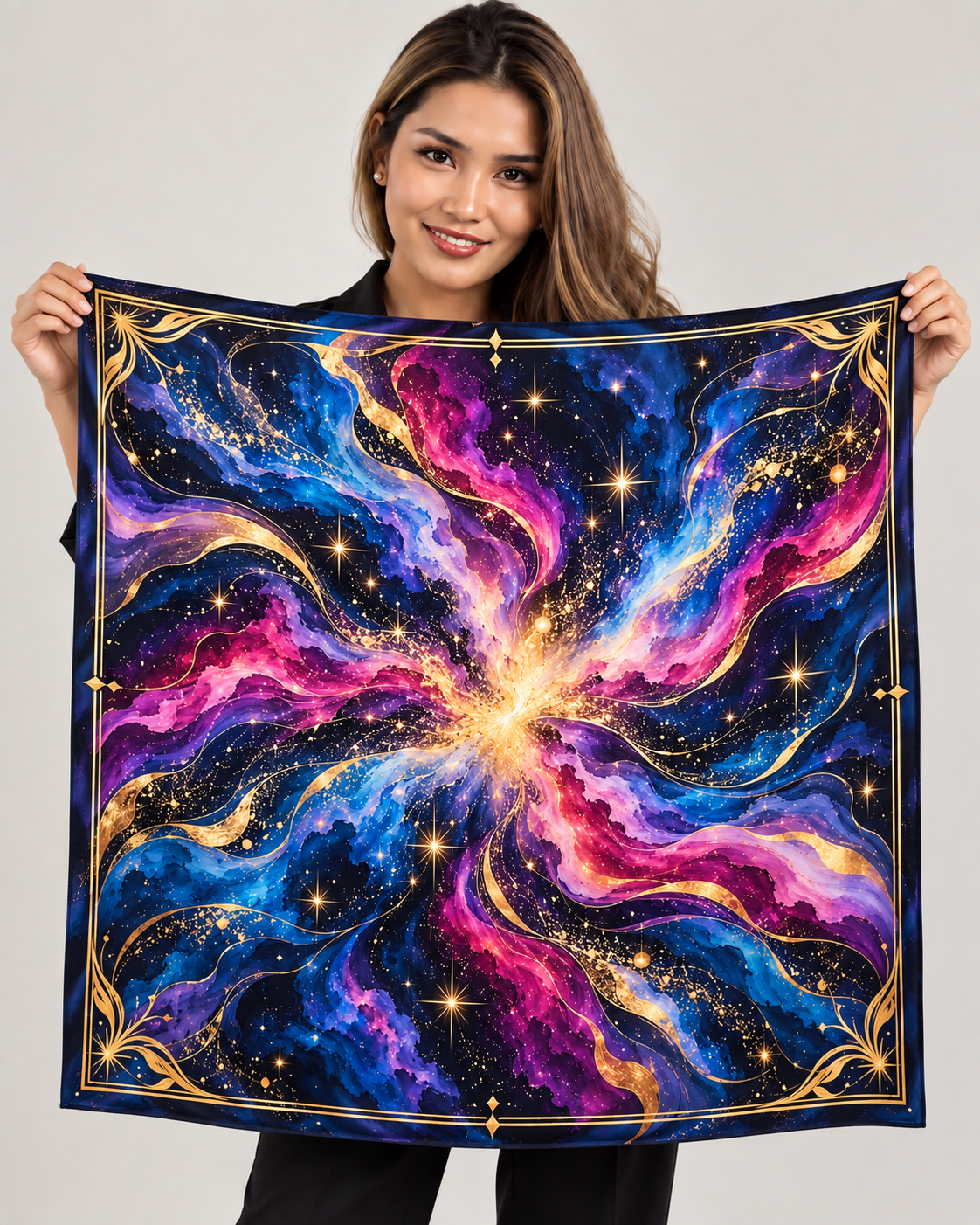 A woman holds up a square scarf featuring a vibrant cosmic galaxy print with swirling nebulae of pink, purple, blue, and gold, set against a plain light gray background.