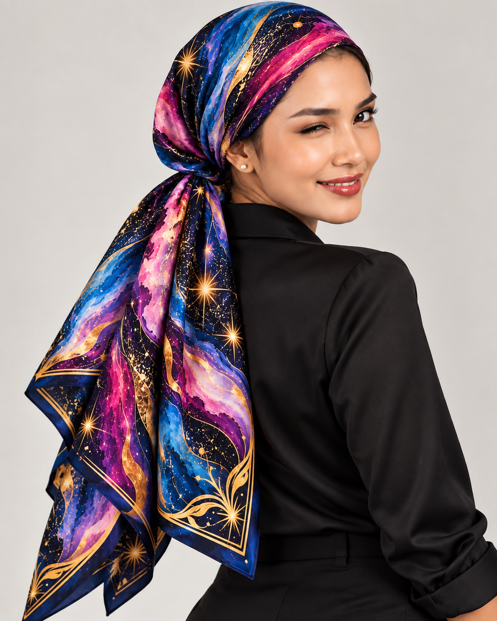 A woman wearing a vibrant galaxy-print headscarf tied under her head, paired with a black long-sleeve top, photographed against a solid light gray background.