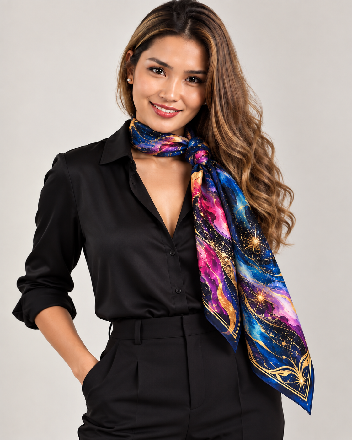 A woman wearing a black satin shirt and trousers, styled with a vibrant, multicolored galaxy-print silk scarf in shades of blue, purple, pink, and gold.