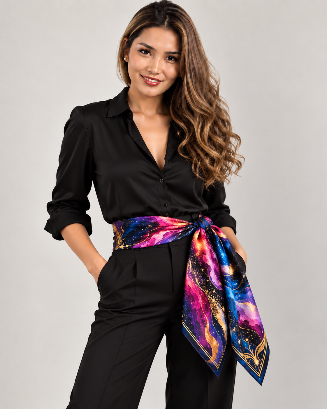 A woman modeling a black satin shirt and trousers set, tied at the waist with a vibrant, multicolored galaxy-print silk scarf against a solid light gray background.