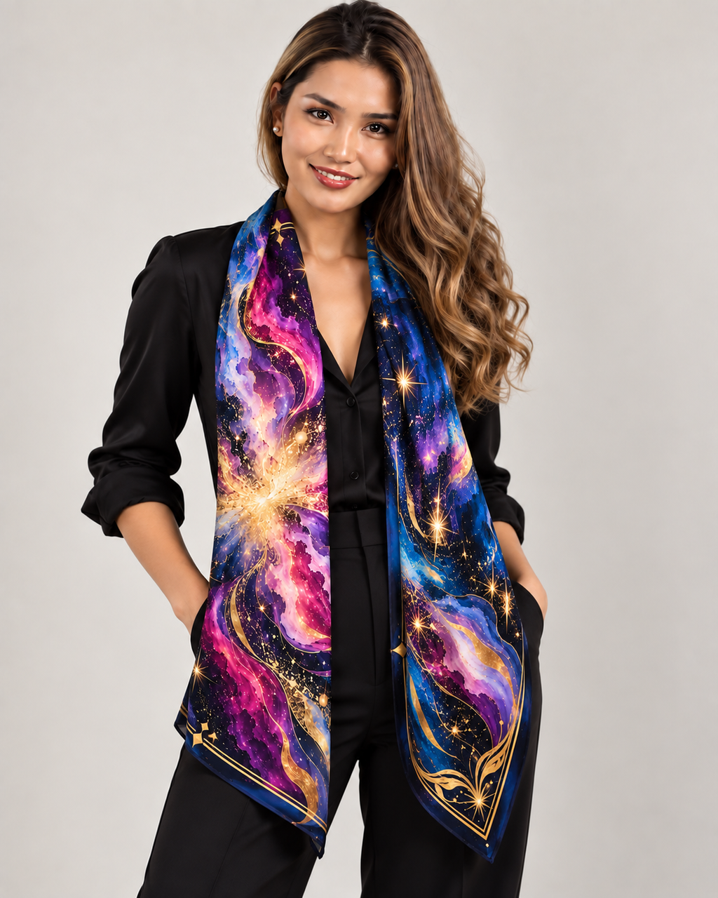 A woman wearing a black blazer and black pants models a long scarf with a vibrant cosmic galaxy print in blue, purple, pink, and gold against a light gray studio background.