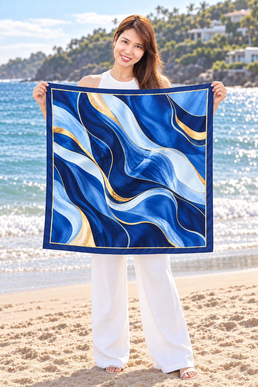 Blue Tides - 100% Mulberry Silk Scarf (90cm x 90cm)