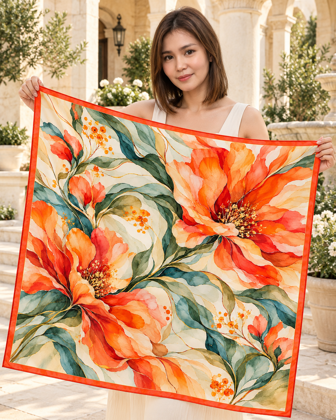 Coral Reverie Silk Scarf | 100% Silk Floral Scarf