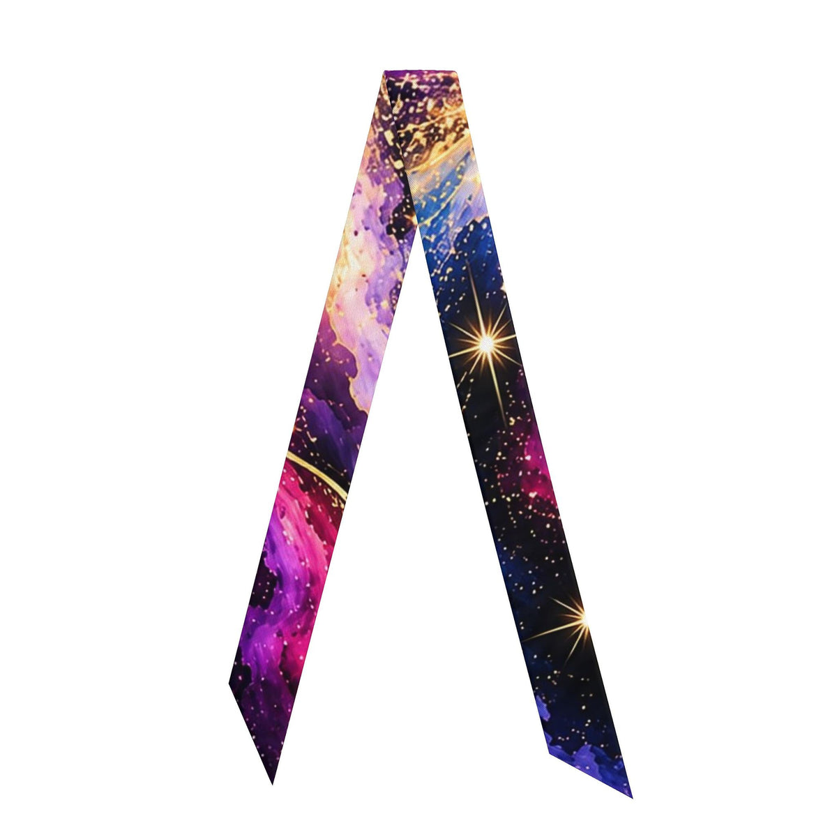 A long tie with a vibrant galaxy print, featuring purple, pink, blue, and gold nebulae and star details, displayed on a solid white background.