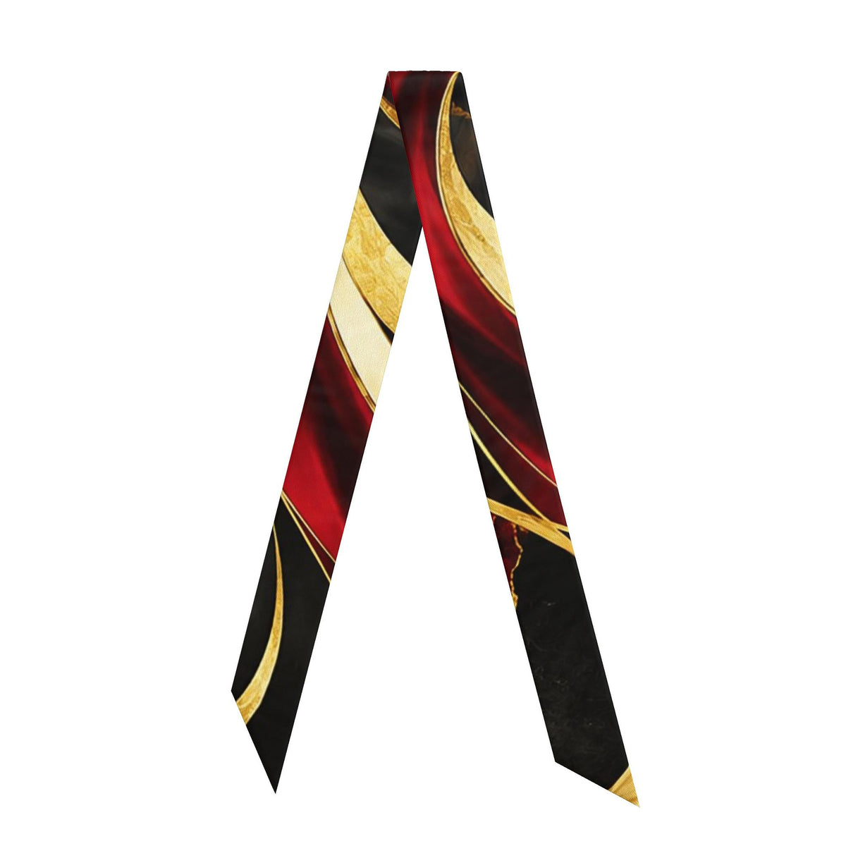 A necktie with a bold abstract pattern of black, deep red, and metallic gold swirls, displayed on a clean white background.