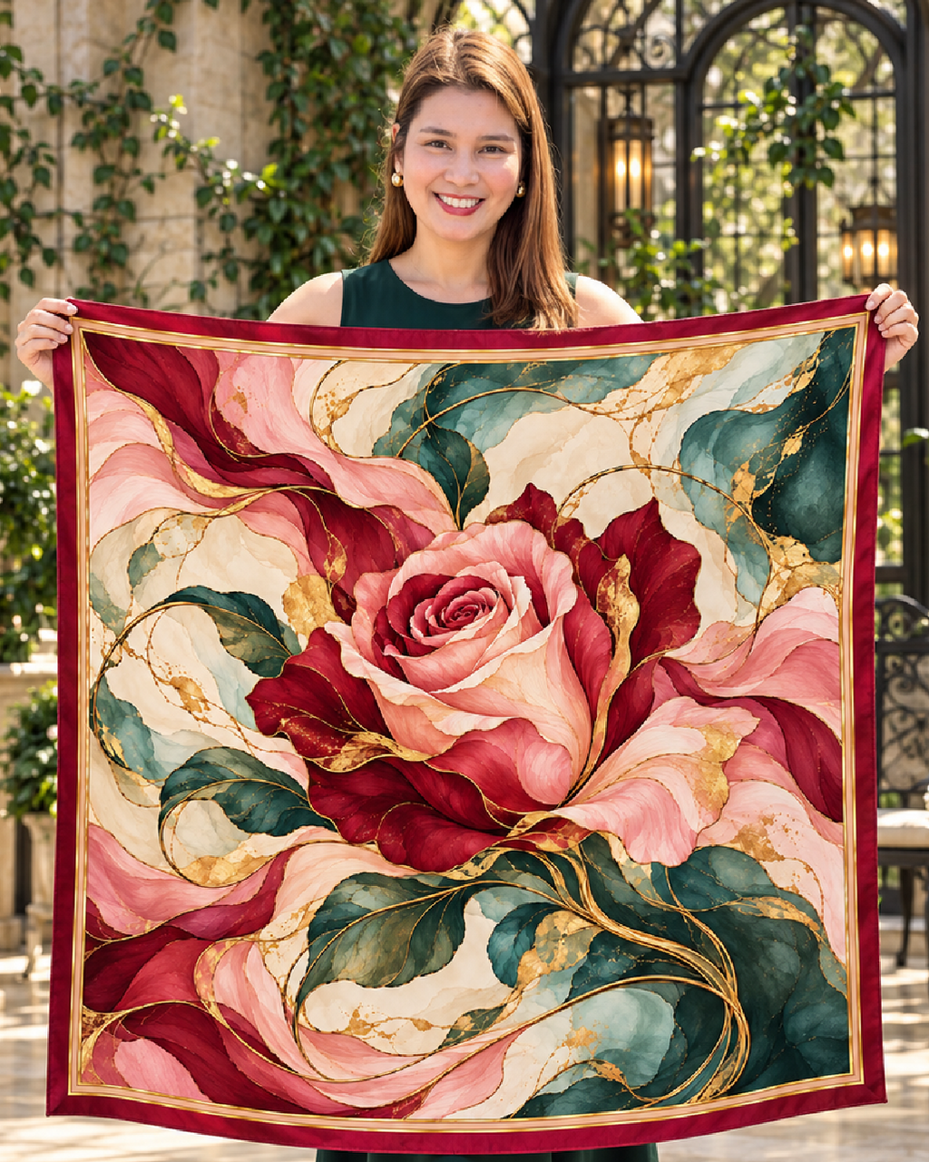 Crimson Rose Silk Scarf | 100% Silk Rose Print Scarf