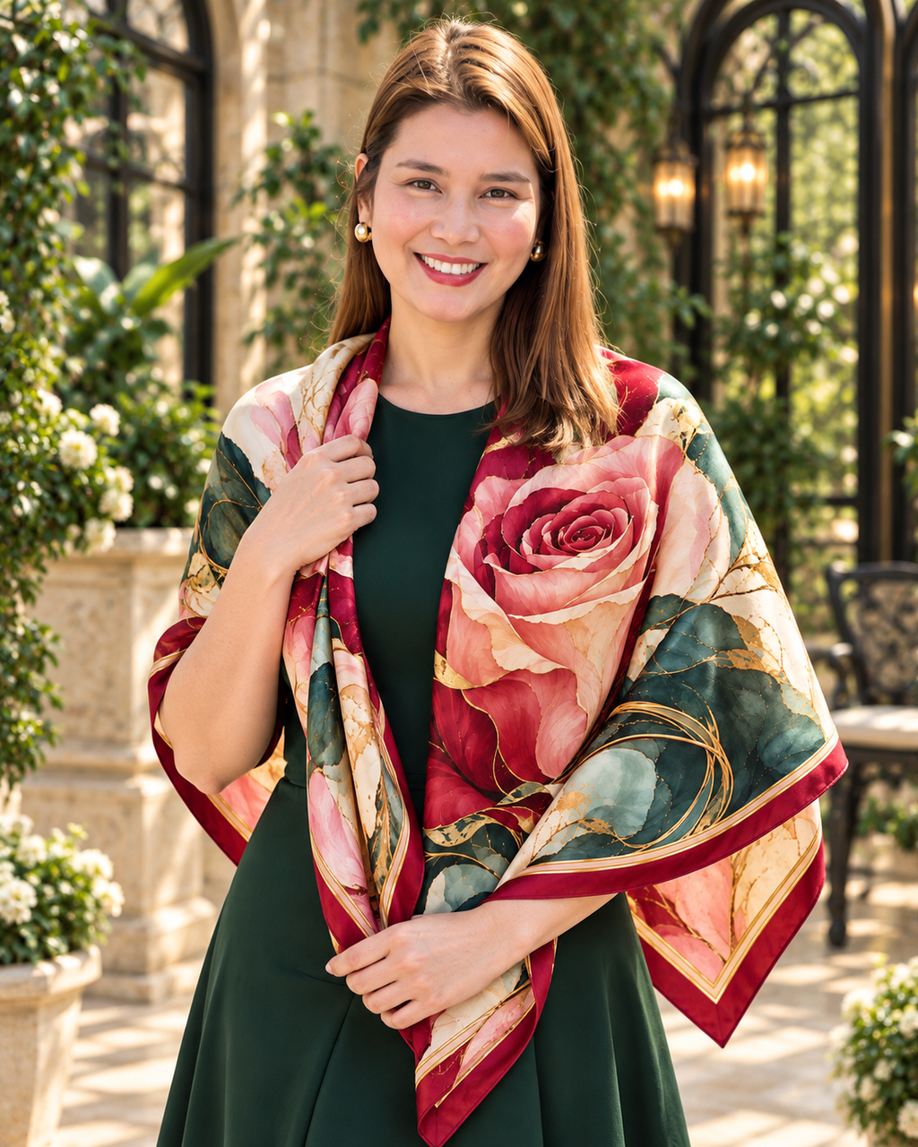 Crimson Rose Silk Scarf | 100% Silk Rose Print Scarf