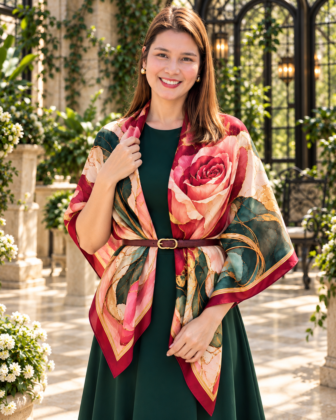 Crimson Rose Silk Scarf | 100% Silk Rose Print Scarf