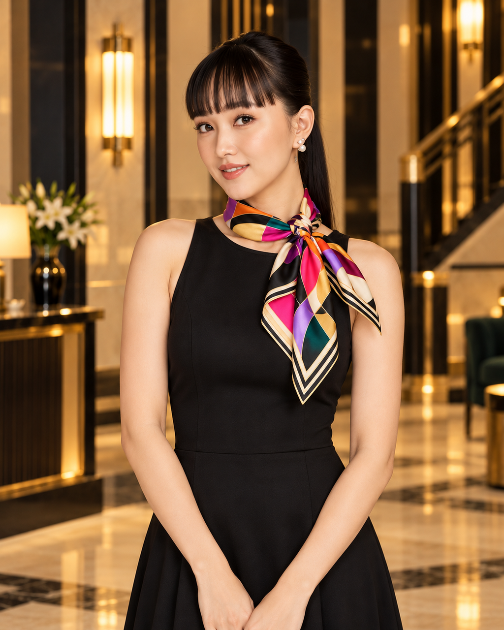A woman wearing a sleeveless black dress and a colorful patterned silk neck scarf, standing in a luxurious hotel lobby.