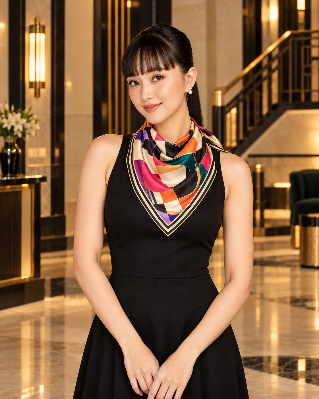 A woman stands in a luxurious hotel lobby wearing a sleeveless black dress and a vibrant multicolor geometric patterned neck scarf.