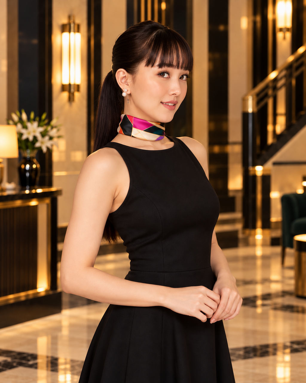 A woman wearing a sleeveless black dress and a colorful geometric-patterned neck scarf, standing in a luxurious hotel lobby with warm lighting.