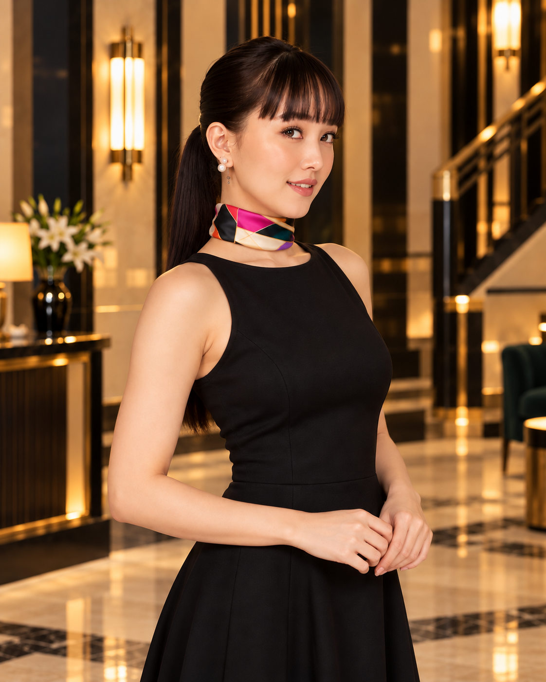 A woman wearing a sleeveless black dress and a colorful geometric-patterned neck scarf, standing in a luxurious hotel lobby with warm lighting.