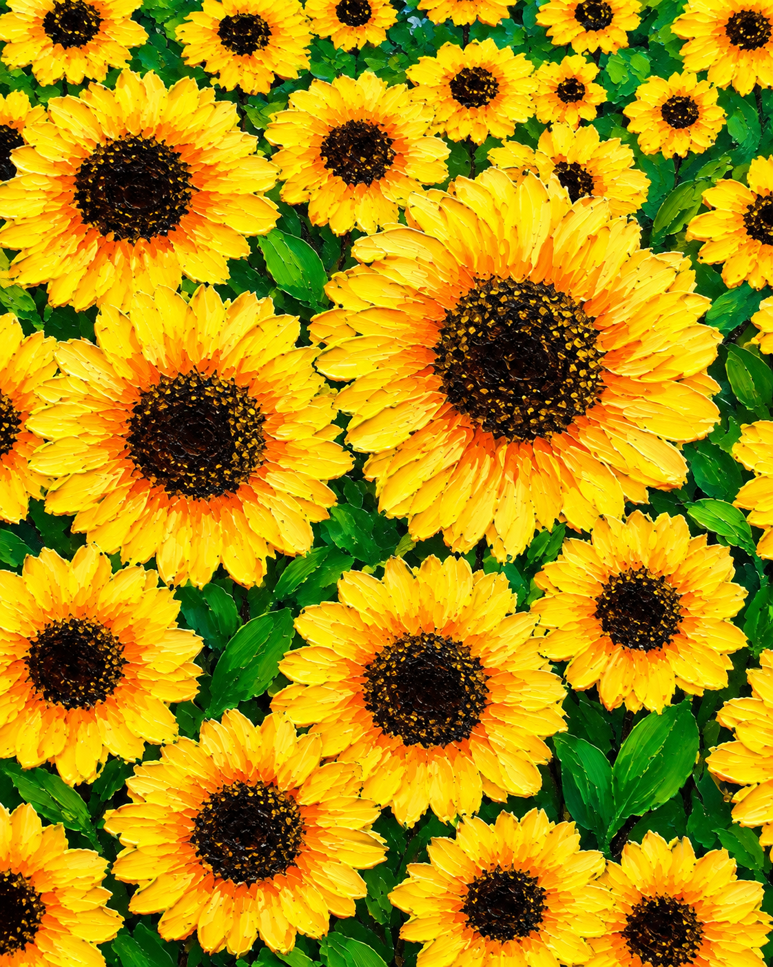 A close-up floral scene filled with bright yellow sunflowers with dark brown centers and green leaves.