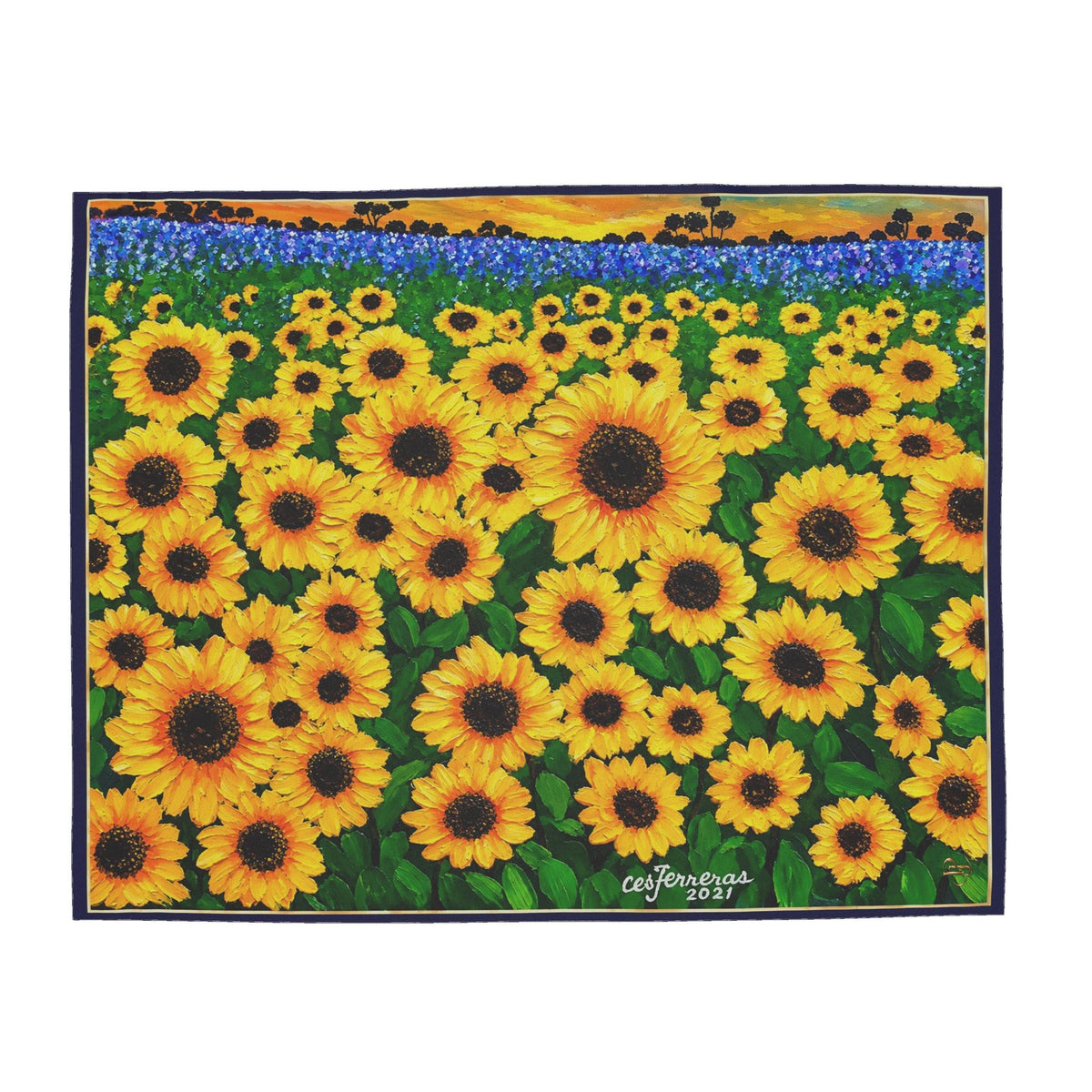A square art print depicting a vibrant field of yellow sunflowers with green leaves and a border of blue flowers under a warm orange sky, signed by the artist C. Ferengga 2021.