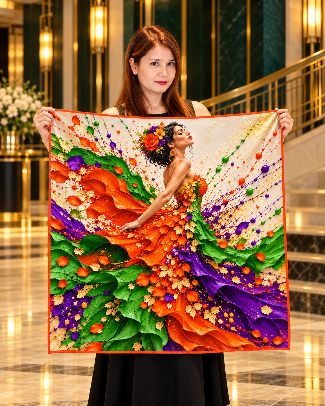 Flamenco Bloom Silk Scarf | 100% Silk Floral Art Scarf