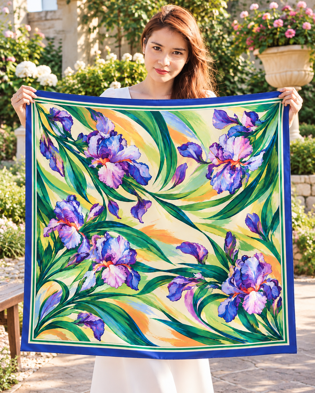 Iris Garden Silk Scarf | 100% Silk Floral Scarf