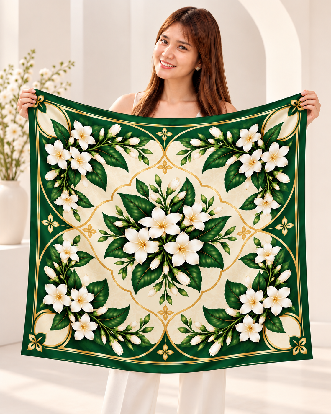 Ivory Jasmine Silk Scarf (Sampaguita) | 100% Silk Jasmine Scarf