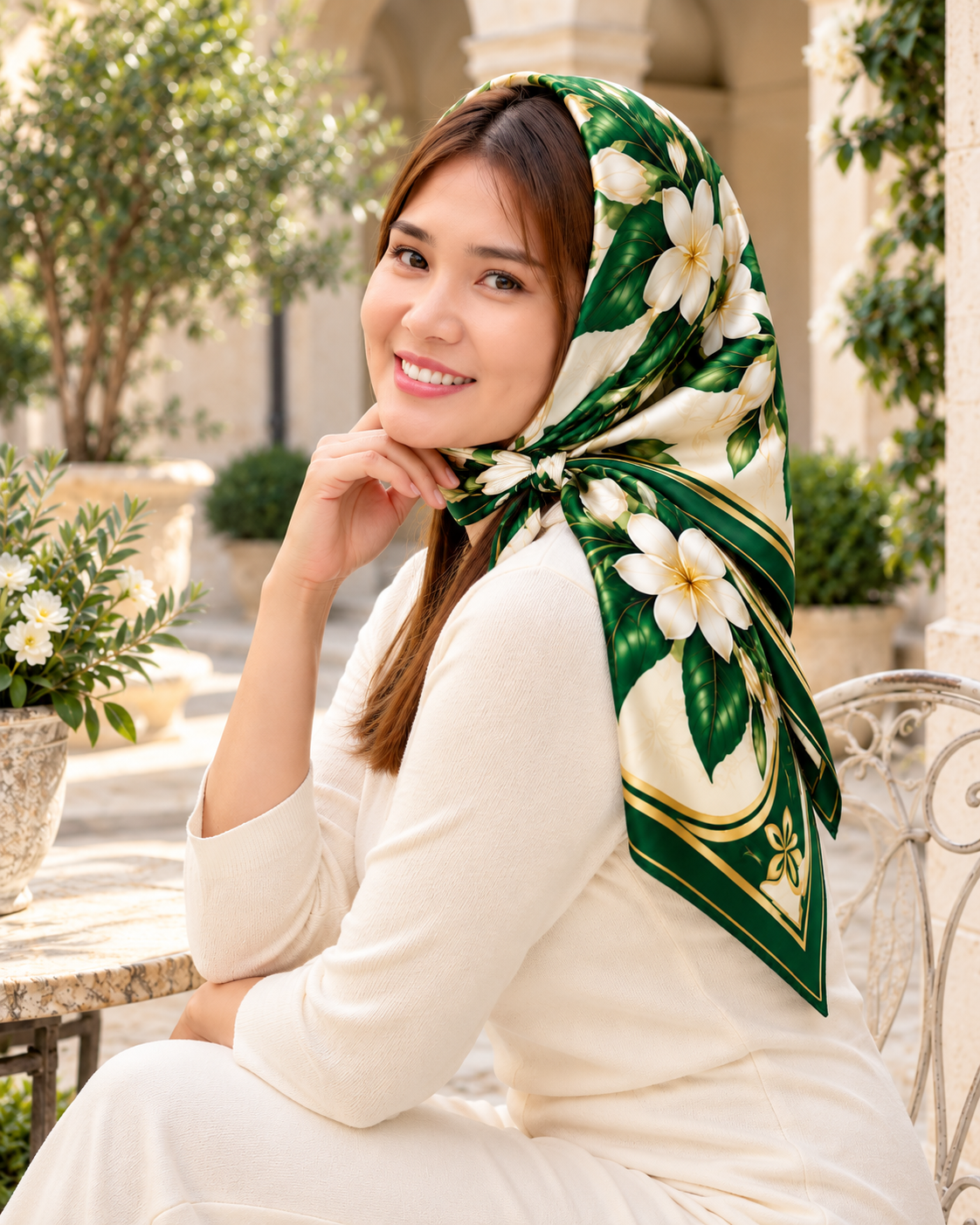 Ivory Jasmine Silk Scarf (Sampaguita) | 100% Silk Jasmine Scarf
