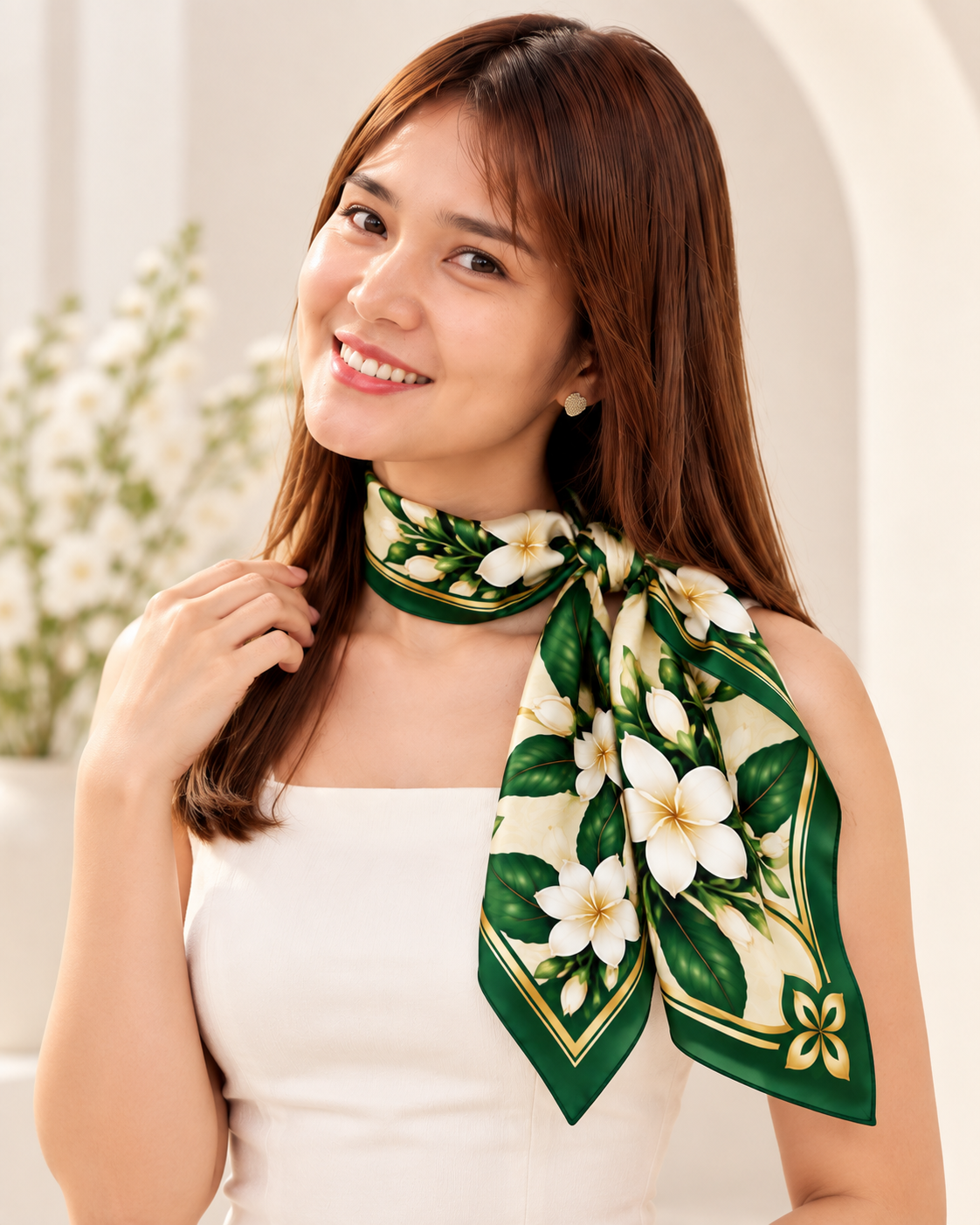 Ivory Jasmine Silk Scarf (Sampaguita) | 100% Silk Jasmine Scarf