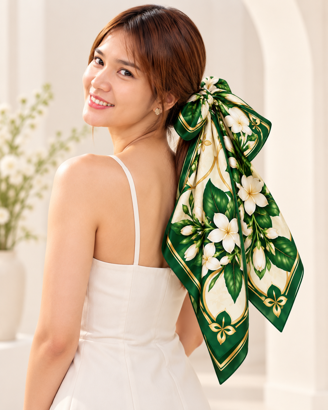 Ivory Jasmine Silk Scarf (Sampaguita) | 100% Silk Jasmine Scarf