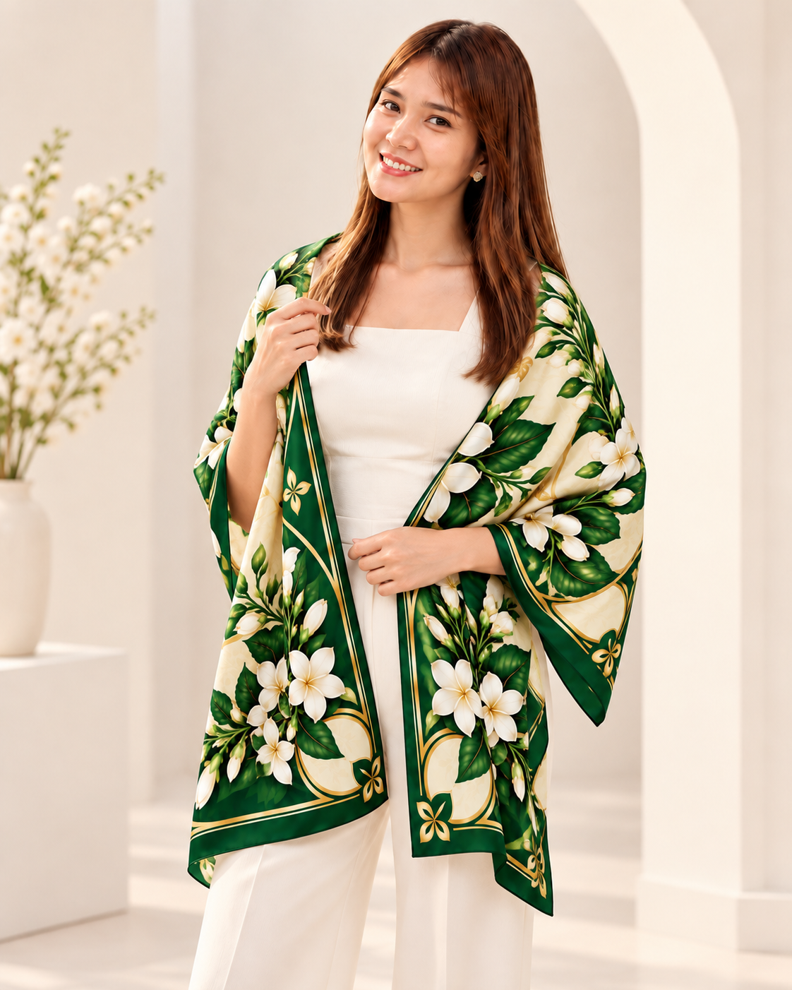 Ivory Jasmine Silk Scarf (Sampaguita) | 100% Silk Jasmine Scarf