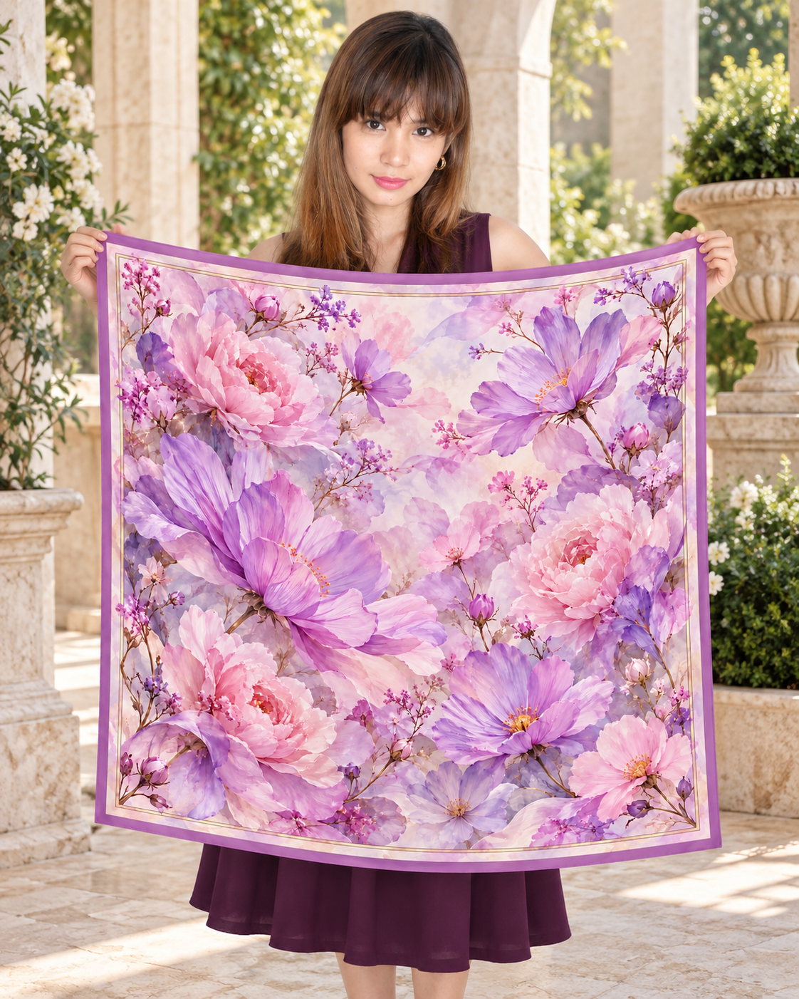 Lavender Peony & Cosmos Garden Silk Scarf | 100% Silk Floral Scarf