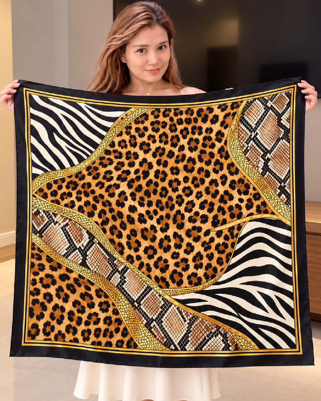 Luxury Leopard Patchwork Silk Scarf | 100% Silk Animal Print Scarf