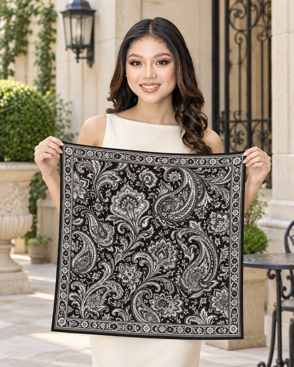 Noir Paisley Silk Bandana | 100% Silk Black and White Paisley Bandana