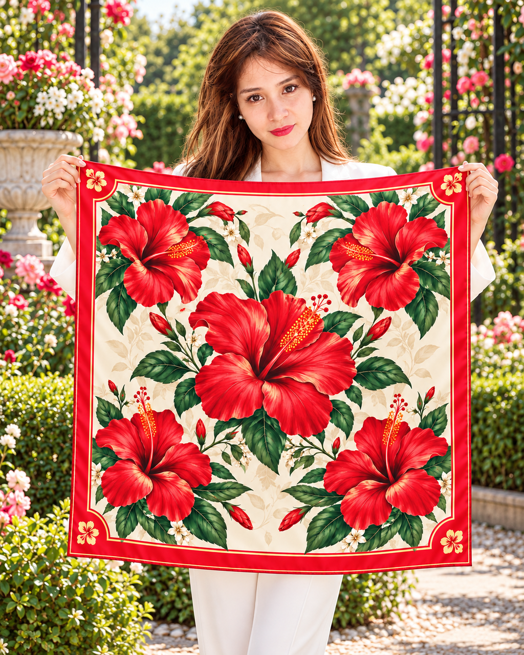 A woman in a white outfit holds up a square scarf featuring a bold red and green hibiscus floral print on a cream background, set against a lush garden backdrop.