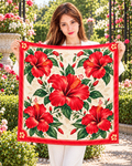 A woman in a white outfit holds up a square scarf featuring a bold red and green hibiscus floral print on a cream background, set against a lush garden backdrop.