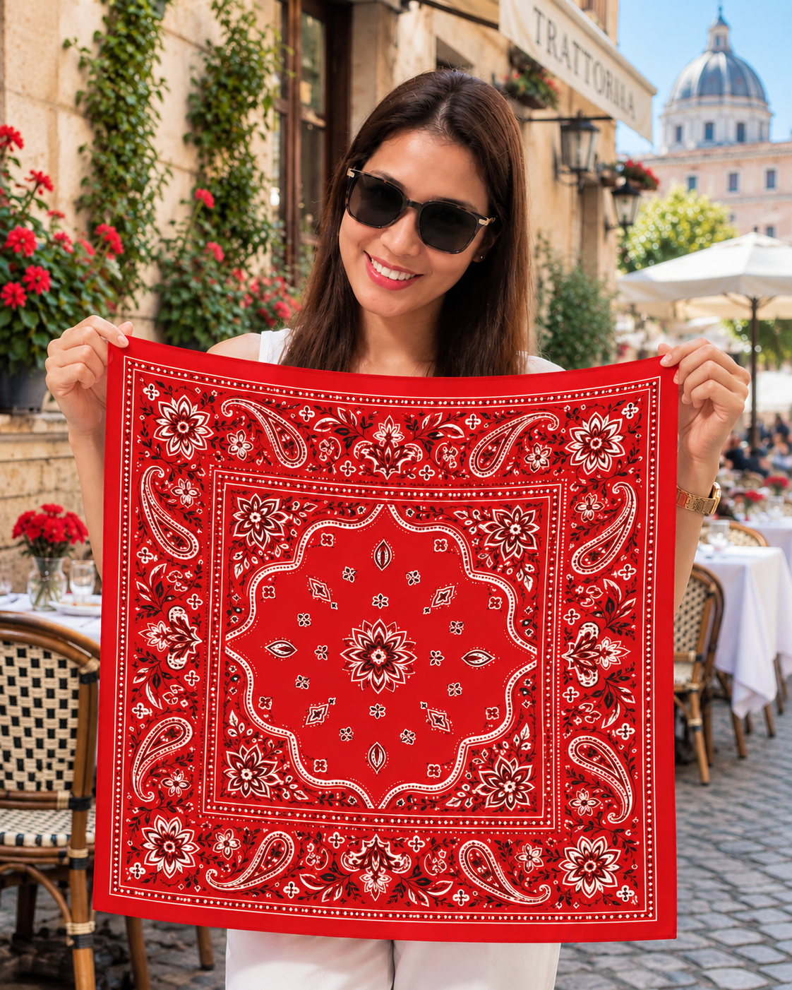A woman wearing sunglasses holds up a red square bandana with a white and pink paisley pattern in front of an outdoor cafe setting.