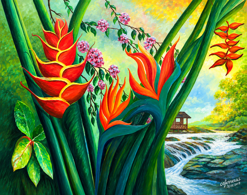 Tropical Heliconias by the Waterfall | Celeste Ferreras | Artist's Corner Limited Edition