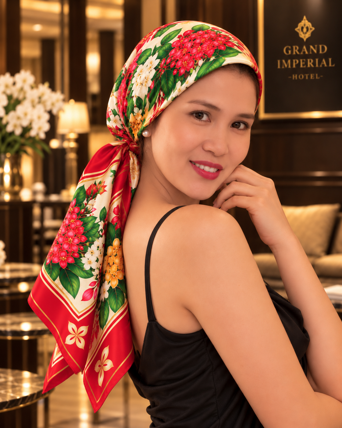 A woman wearing a colorful floral silk headscarf tied under her chin, paired with a black satin slip dress, posed in a warmly lit, elegant indoor setting.
