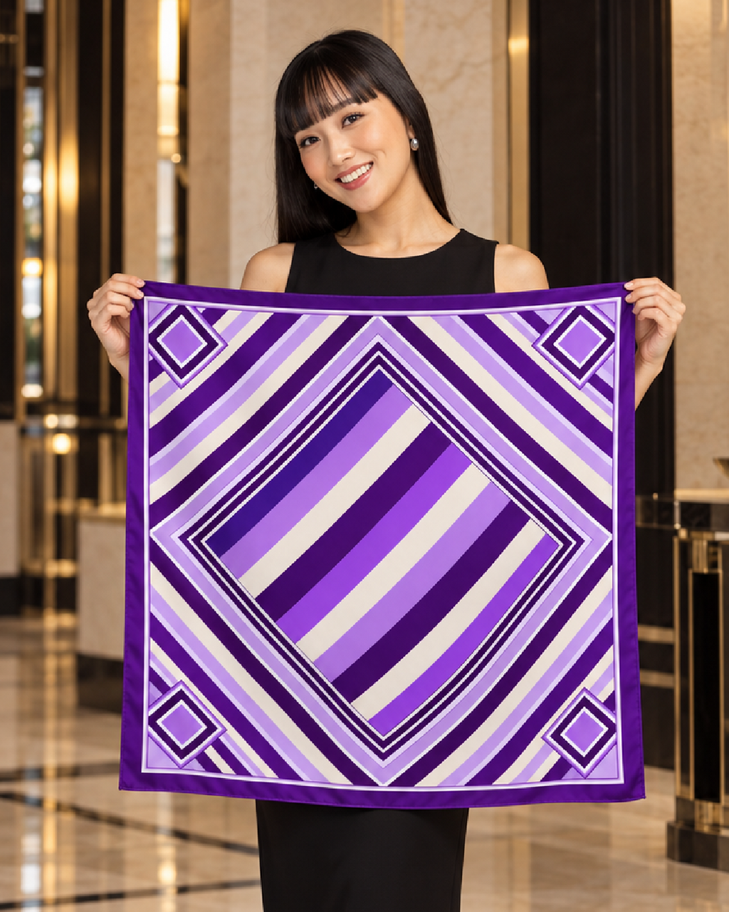 A woman in a black dress and heels holds up a square scarf with a bold geometric pattern in shades of purple, lavender, and white, set against a luxurious hotel lobby background.
