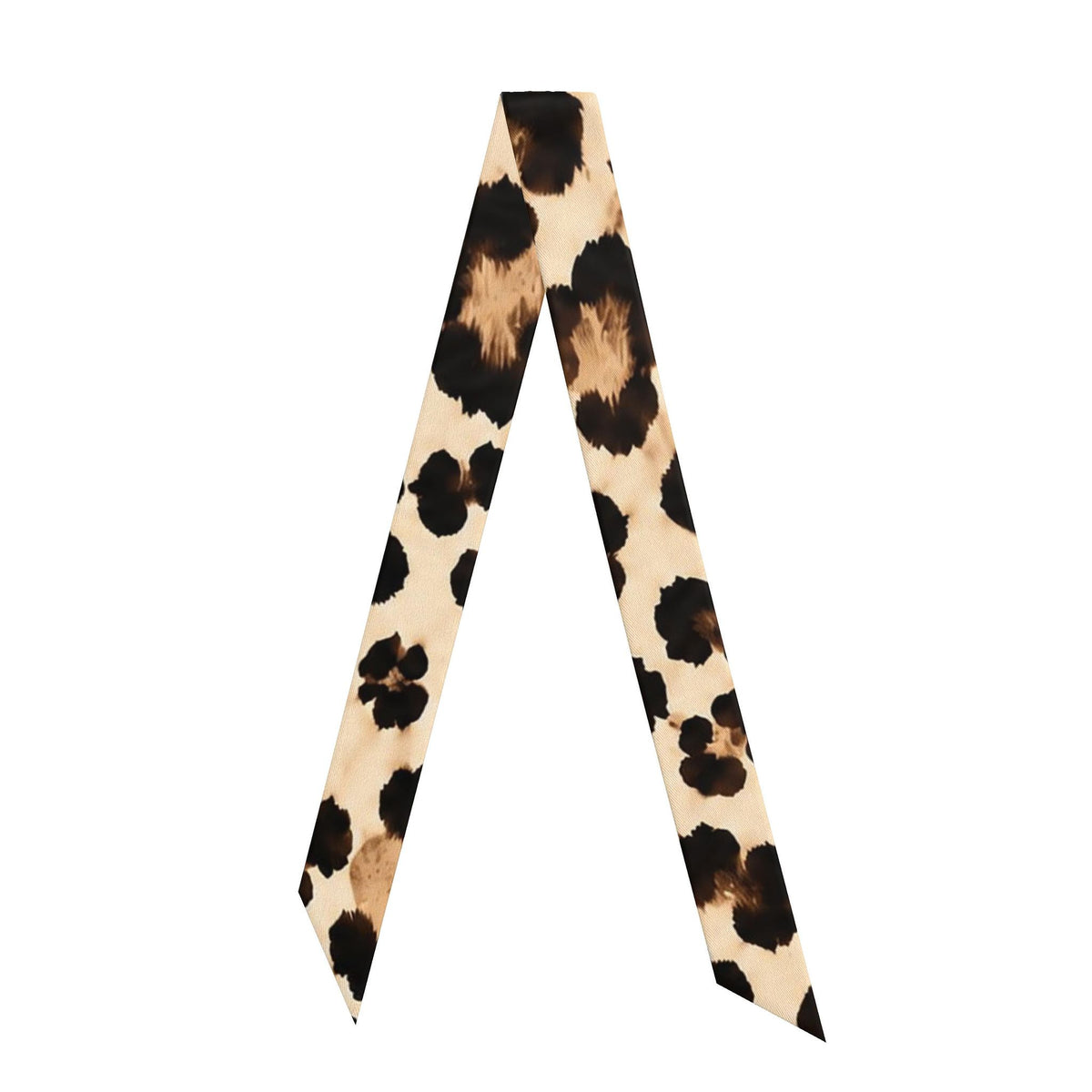 A leopard print necktie displayed in a V-shape on a solid white background.